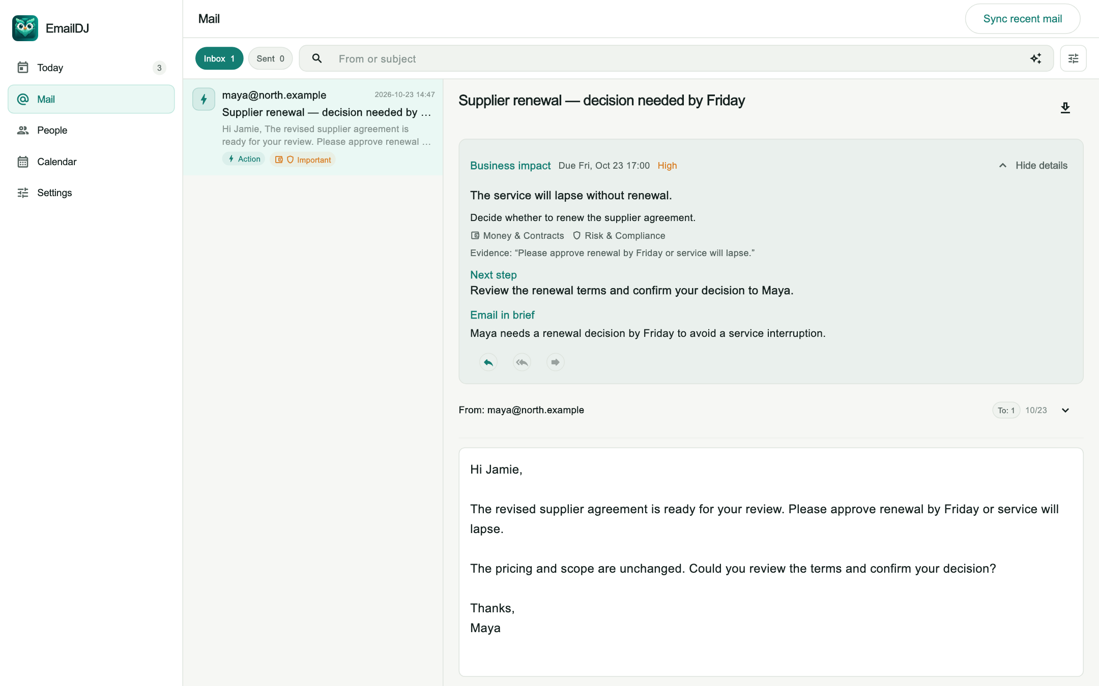 Current EmailDJ Spot business decisions screen, with fictional sample data