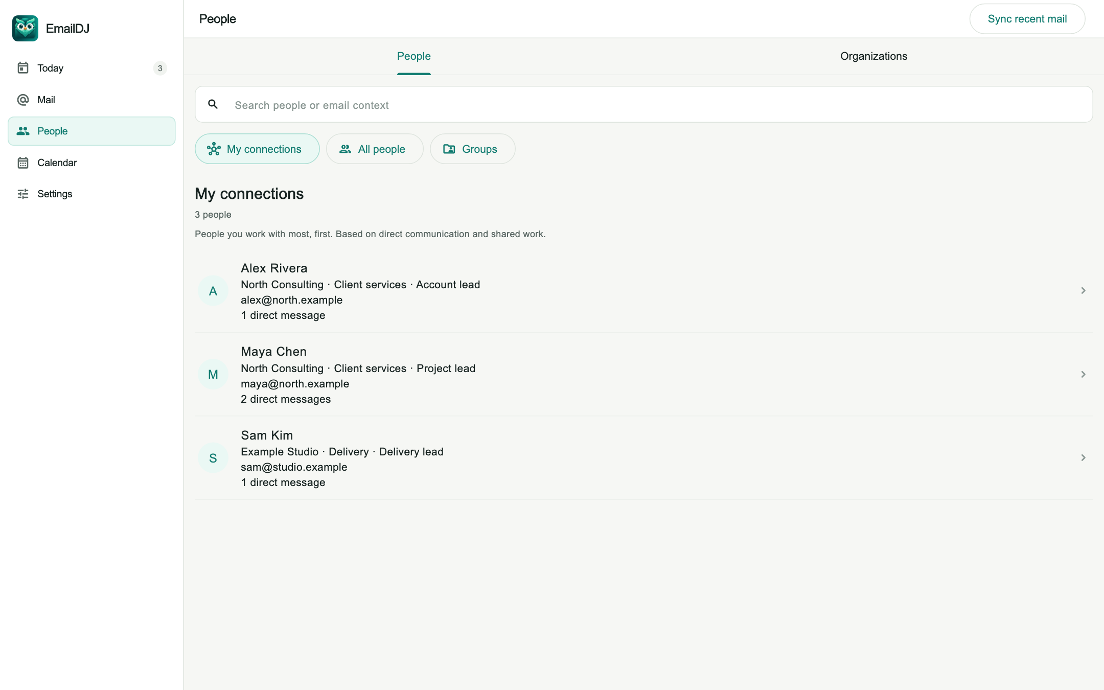 Current EmailDJ People & relationships screen, with fictional sample data